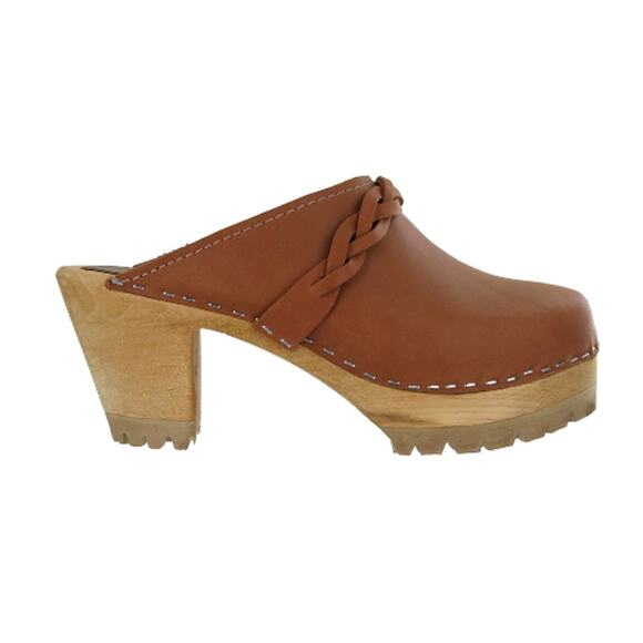 MIA Elsa Luggage Wood Clogs Women's Sz 37/US 7 Tan Italian Leather Swedish Lug - Picture 3 of 13